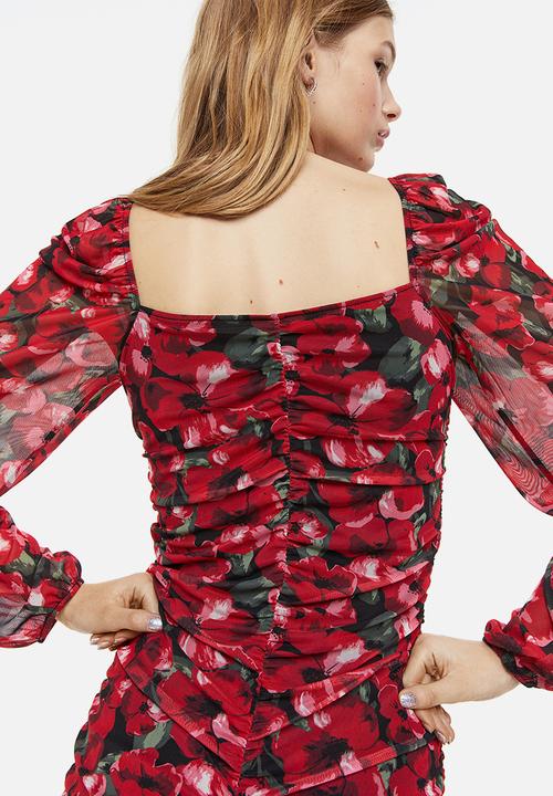 H&M - Gathered mesh dress - red floral 