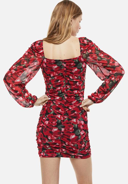 H&M - Gathered mesh dress - red floral 