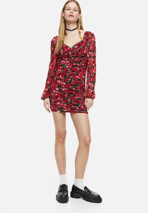 H&M - Gathered mesh dress - red floral 