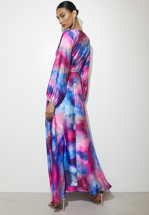 VELVET - Balloon sleeve satin midi dress - pink & blue 