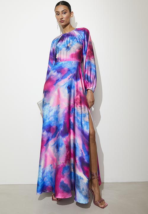 VELVET - Balloon sleeve satin midi dress - pink & blue 