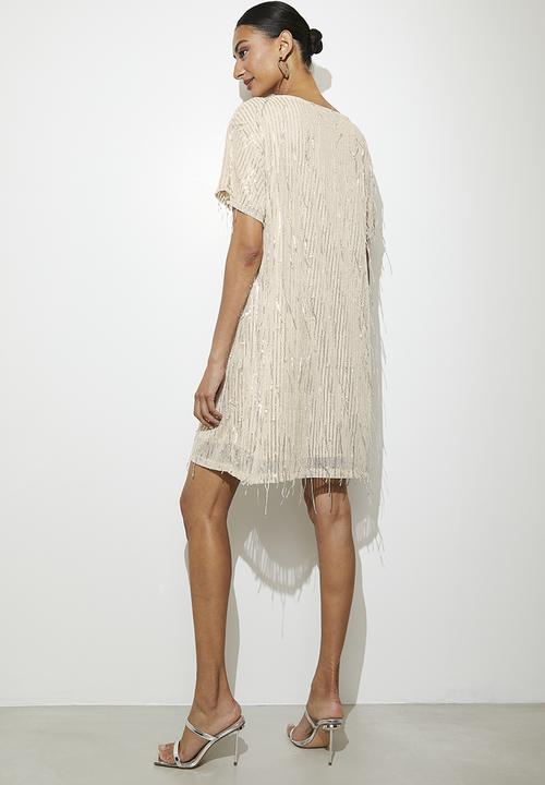 VELVET - Fringe sequin mini shift dress - silver & beige 