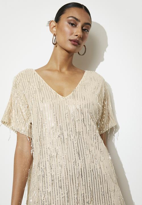 VELVET - Fringe sequin mini shift dress - silver & beige 