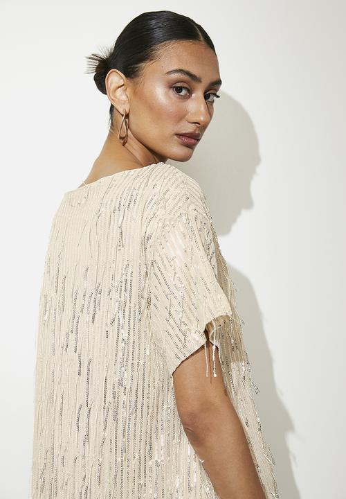 VELVET - Fringe sequin mini shift dress - silver & beige 