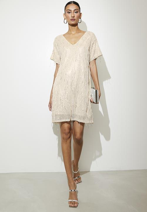VELVET - Fringe sequin mini shift dress - silver & beige 