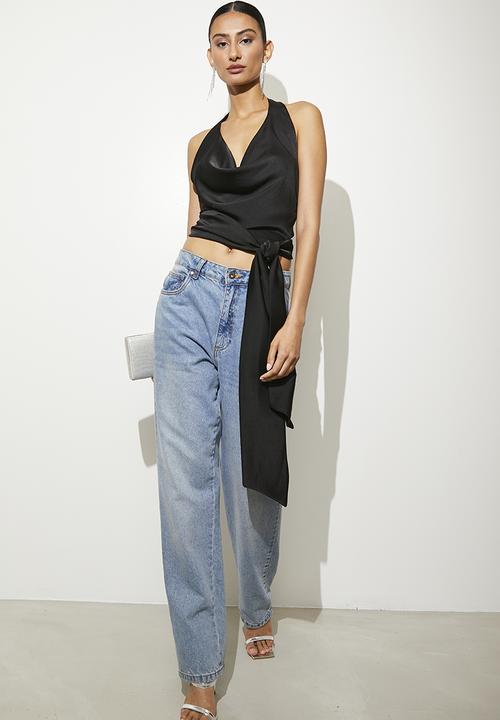 VELVET - Veep v draped satin halter - black