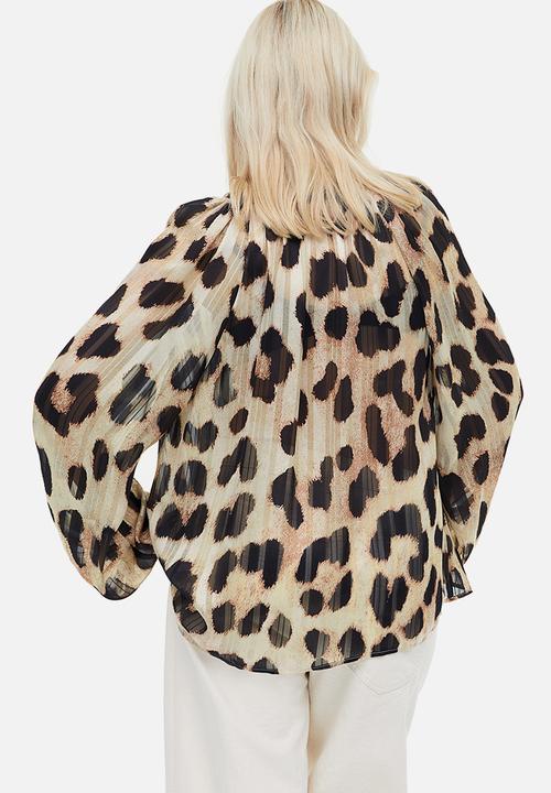 H&M - Frill-trimmed crêpe blouse - light beige leopard print 
