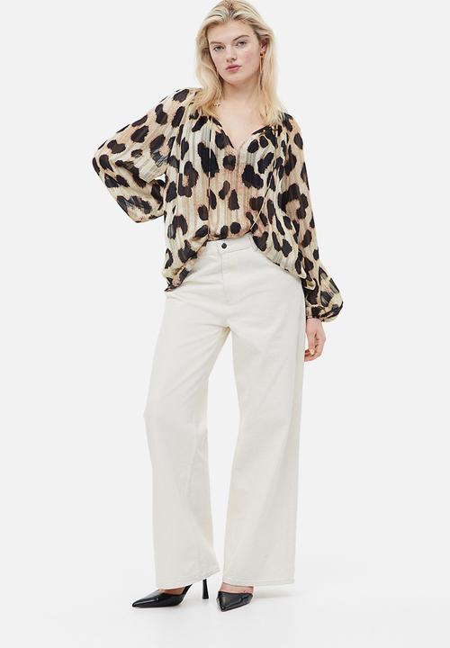 H&M - Frill-trimmed crêpe blouse - light beige leopard print 