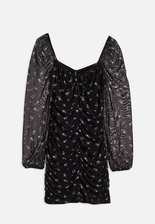 H&M - Gathered mesh dress - black floral 