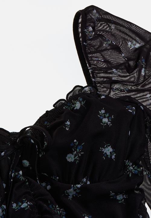 H&M - Gathered mesh dress - black floral 