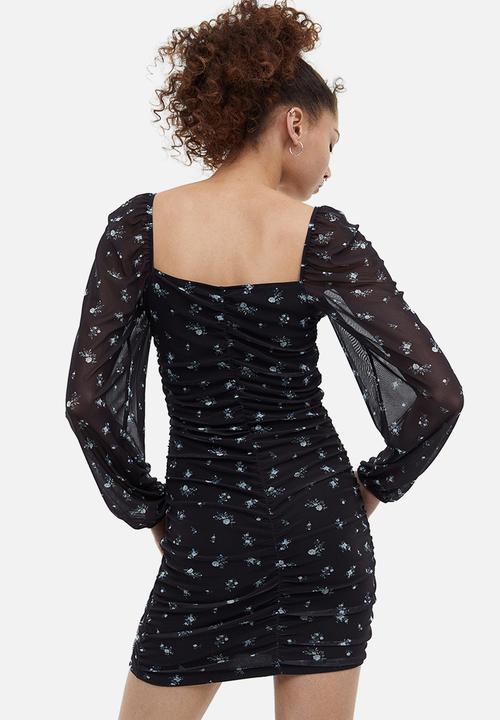 H&M - Gathered mesh dress - black floral 