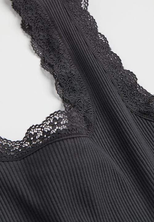 H&M - Lace-trimmed ribbed dress - dark grey 