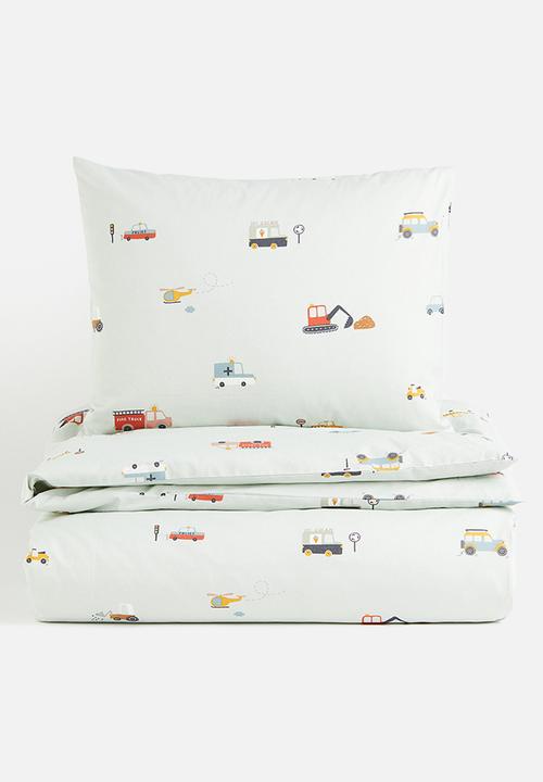Patterned single duvet cover set - light green vehicles