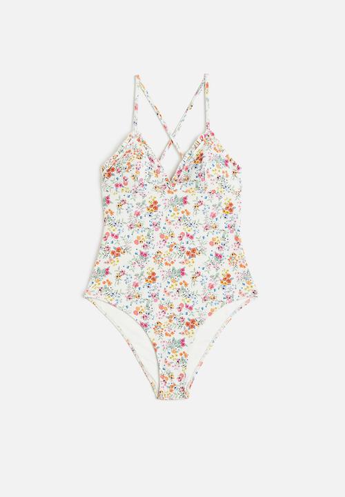 H&M - Padded-cup swimsuit - white floral 