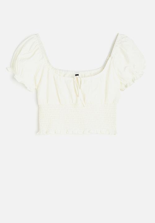 H&M - Puff-sleeved smocked blouse - cream 