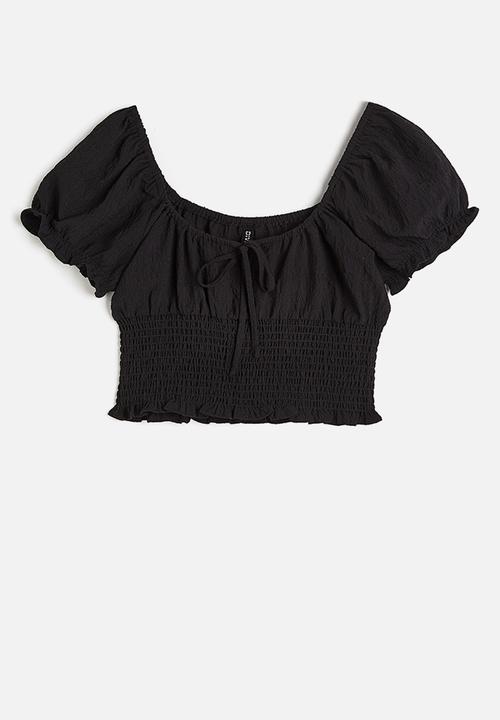 H&M - Puff-sleeved smocked blouse - black