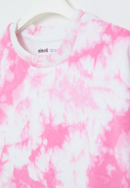 MINOTI - Girls basic pink tie dye fleece crew - pink 