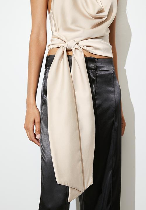 VELVET - Deep v draped satin halter - oyster
