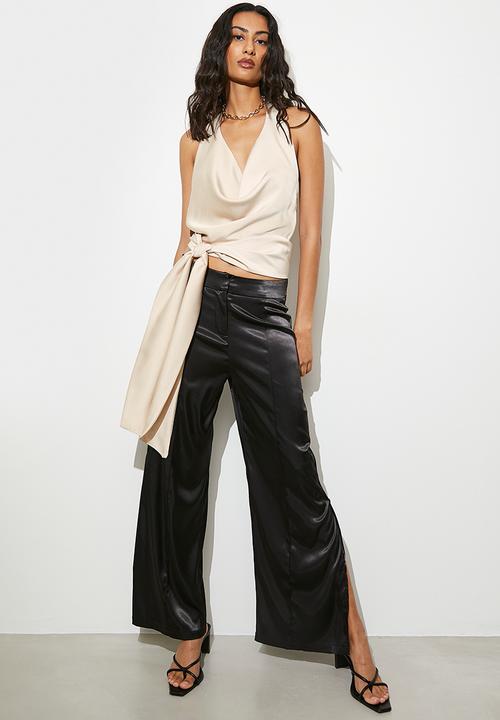 VELVET - Deep v draped satin halter - oyster