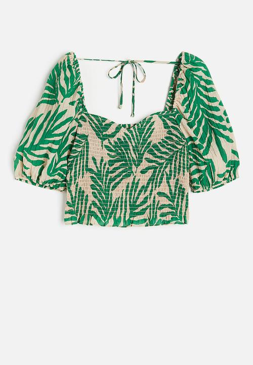 H&M - Smocked top - light beige leaf-patterned 