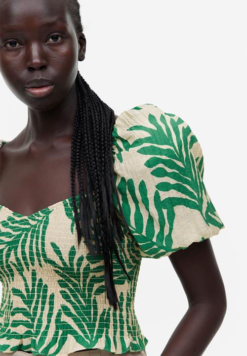 H&M - Smocked top - light beige leaf-patterned 