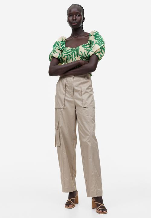 H&M - Smocked top - light beige leaf-patterned 
