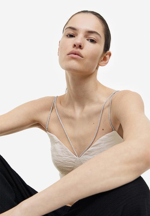 H&M - Rhinestone-strap crop top - light beige