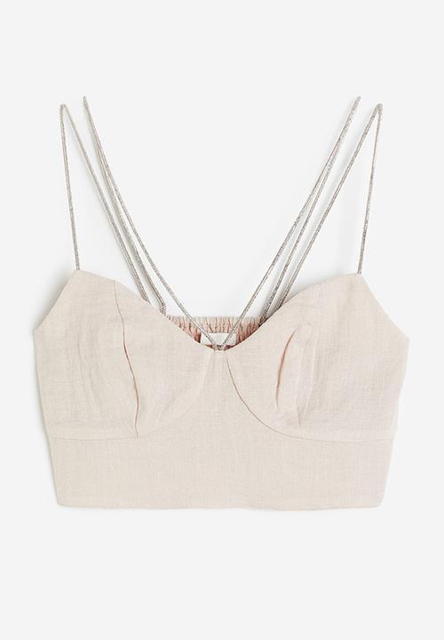 H&M - Rhinestone-strap crop top - light beige