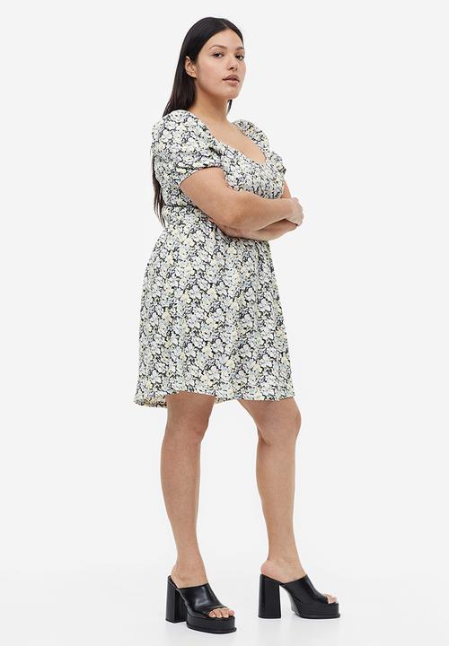 H&M - Puff-sleeved textured jersey dress - light blue floral 