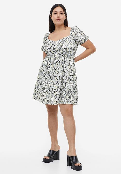 H&M - Puff-sleeved textured jersey dress - light blue floral 