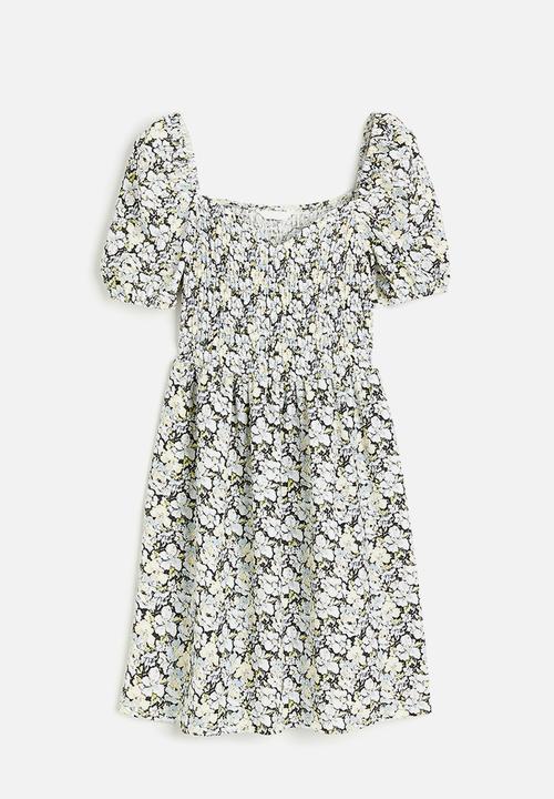 H&M - Puff-sleeved textured jersey dress - light blue floral 