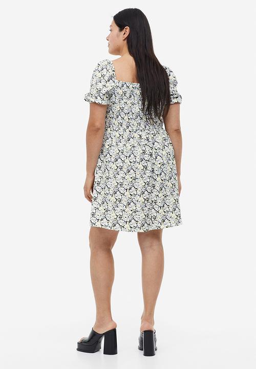 H&M - Puff-sleeved textured jersey dress - light blue floral 