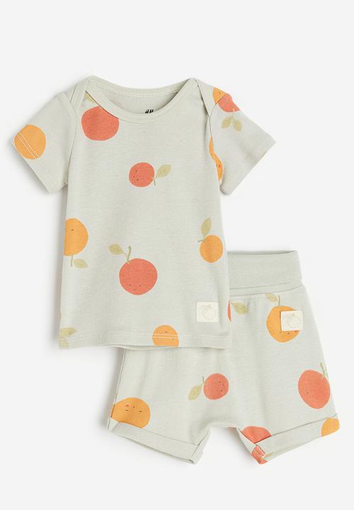H&M - 2-piece cotton set - light dusky green / fruits 