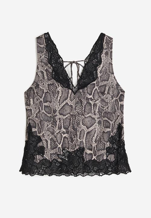 H&M - Lace-detail satin top - brown snakeskin patterned 