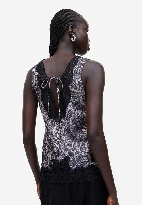 H&M - Lace-detail satin top - brown snakeskin patterned 