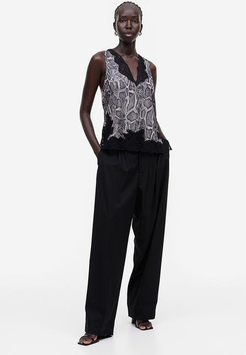 H&M - Lace-detail satin top - brown snakeskin patterned 