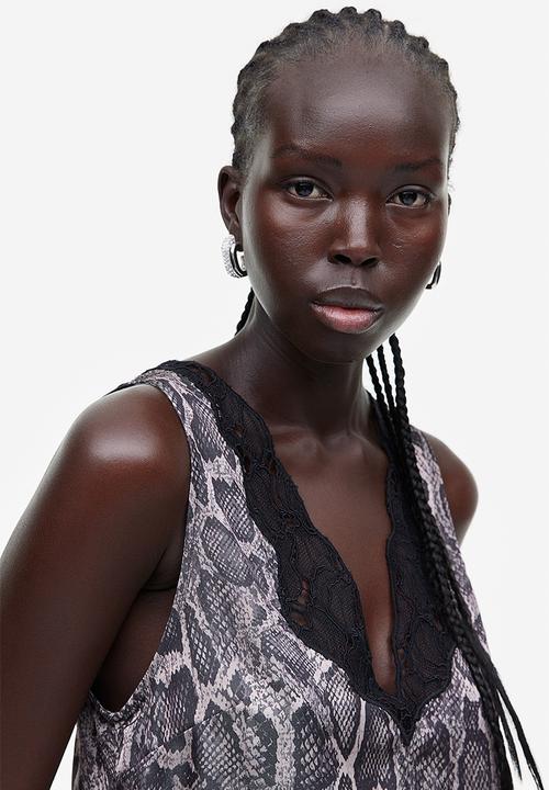 H&M - Lace-detail satin top - brown snakeskin patterned 
