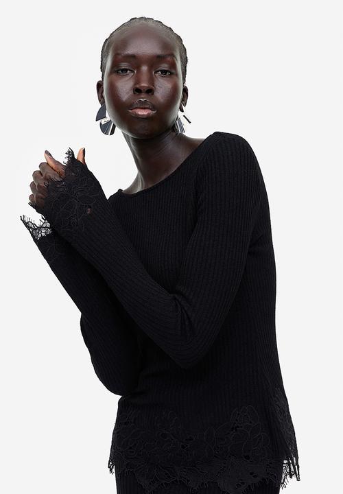 H&M - Lace-trimmed ribbed top - black