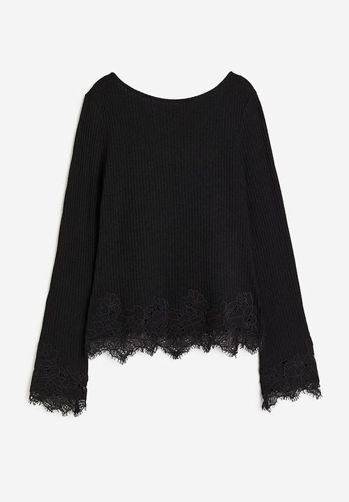 H&M - Lace-trimmed ribbed top - black