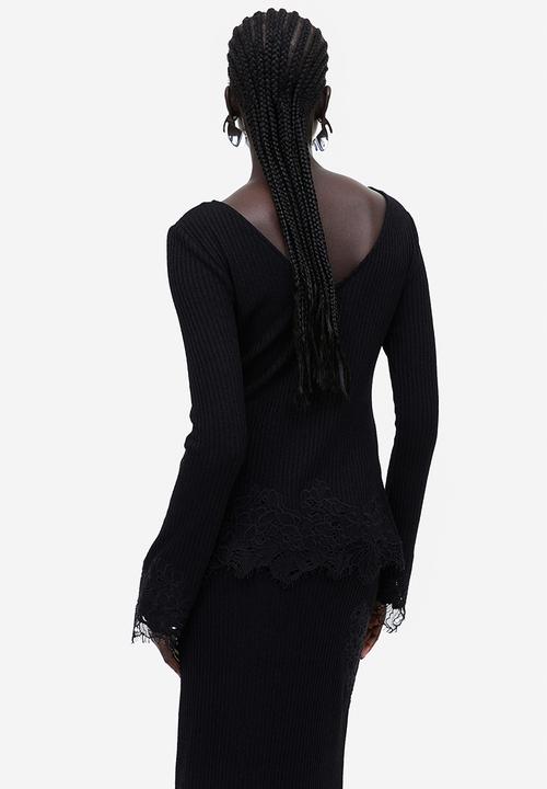 H&M - Lace-trimmed ribbed top - black