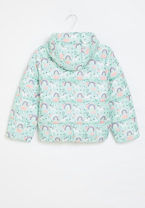 MINOTI - Girls basic unicorn aop puffa coat - aqua