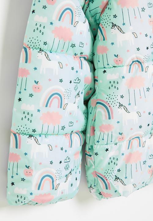 MINOTI - Girls basic unicorn aop puffa coat - aqua