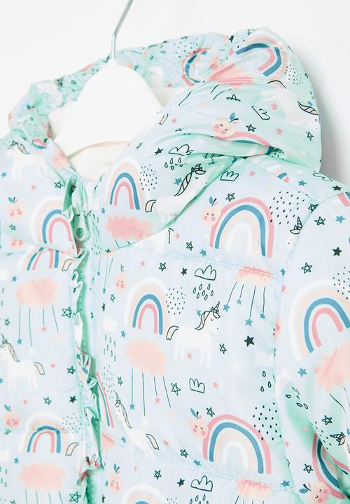MINOTI - Girls basic unicorn aop puffa coat - aqua