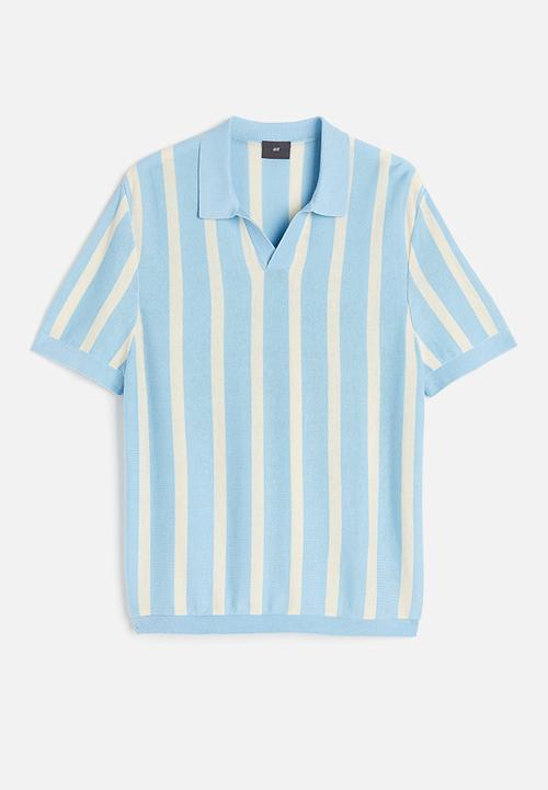 H&M - Regular fit fine-knit cotton polo shirt - light blue/striped