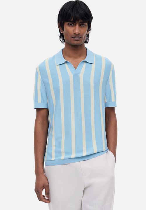 H&M - Regular fit fine-knit cotton polo shirt - light blue/striped