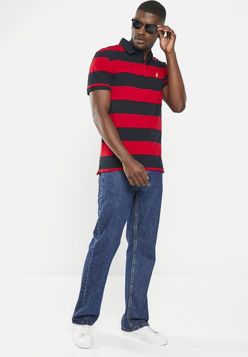 POLO - Mens stripe short sleeve golfer - red & navy
