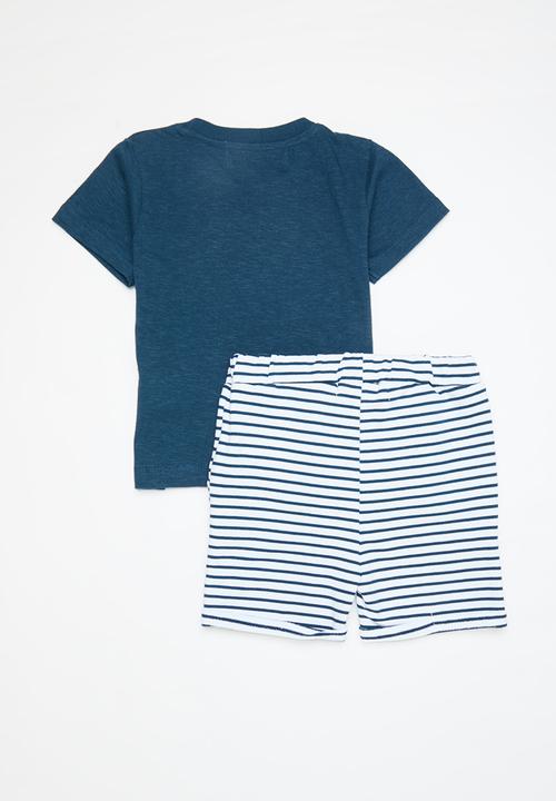 MINOTI - 2pc slub t-shirt & fleece short set - blue