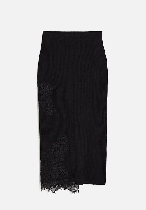 H&M - Lace-detail ribbed skirt - black