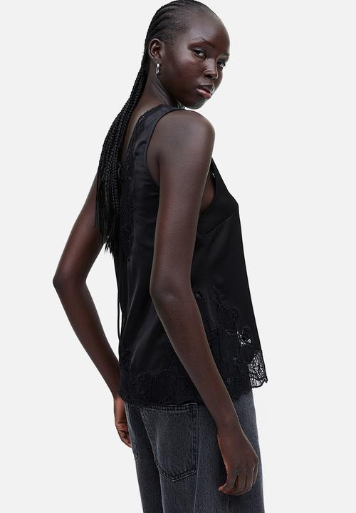 H&M - Lace-detail satin top - black
