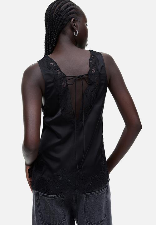 H&M - Lace-detail satin top - black